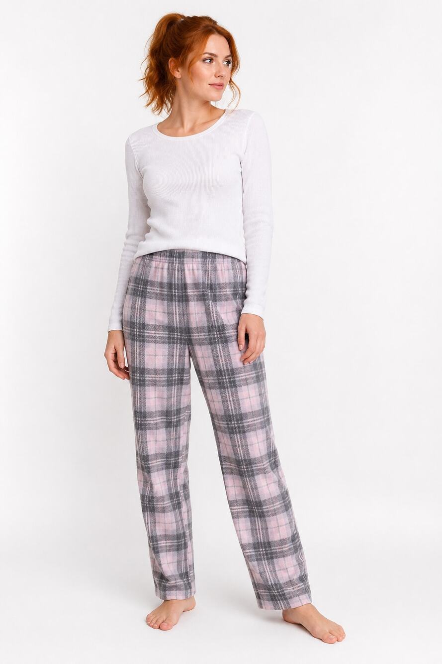 LR3720 Pink Gray Plaid Fleece Pajama Lounge Pants Large
